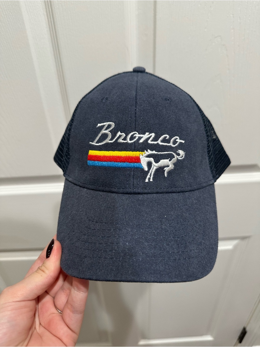 T.J.Maxx Navy Bronco Embroidered Trucker Cap with Red-Yellow-Blue Stripe